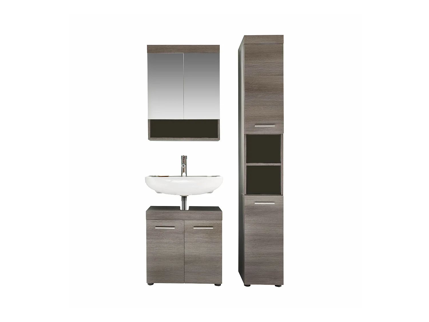 Ensemble de SDB - 3 meubles en mélaminé bois grisé, vasque non incluse. L-H-P : 103 - 190 - 31 cm