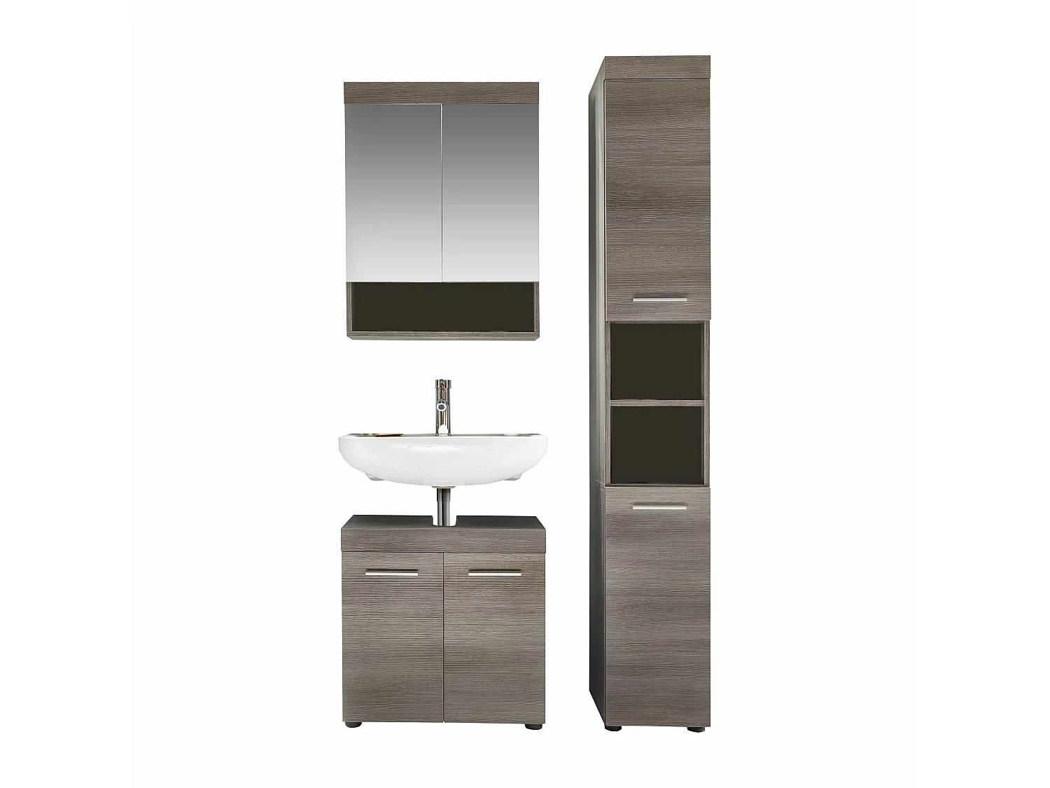 Ensemble de SDB - 3 meubles en mélaminé bois grisé, vasque non incluse. L-H-P : 103 - 190 - 31 cm