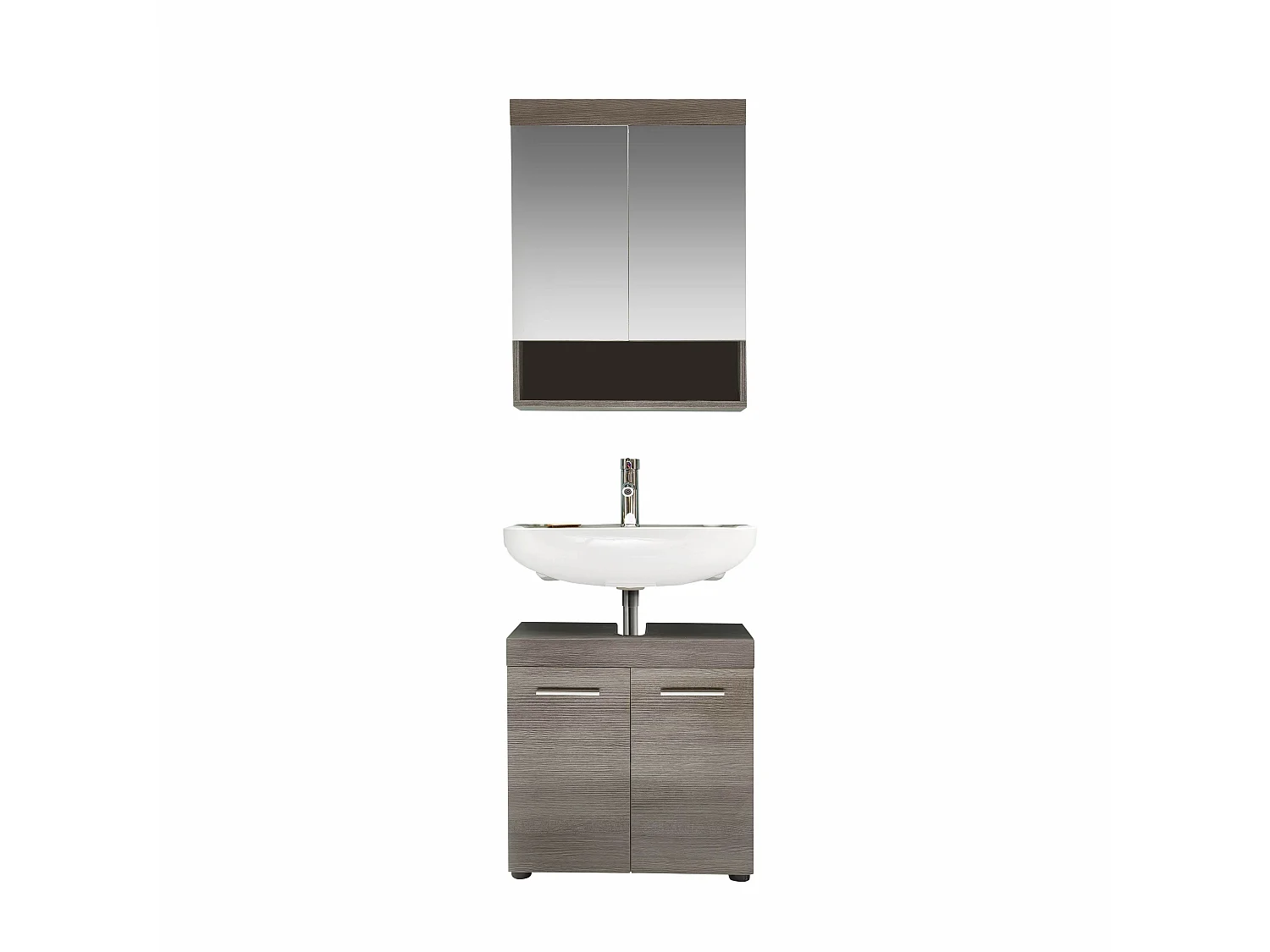 Ensemble de SDB - 2 meubles en mélaminé bois grisé, vasque non incluse. L-H-P : 58 - 190 - 31 cm