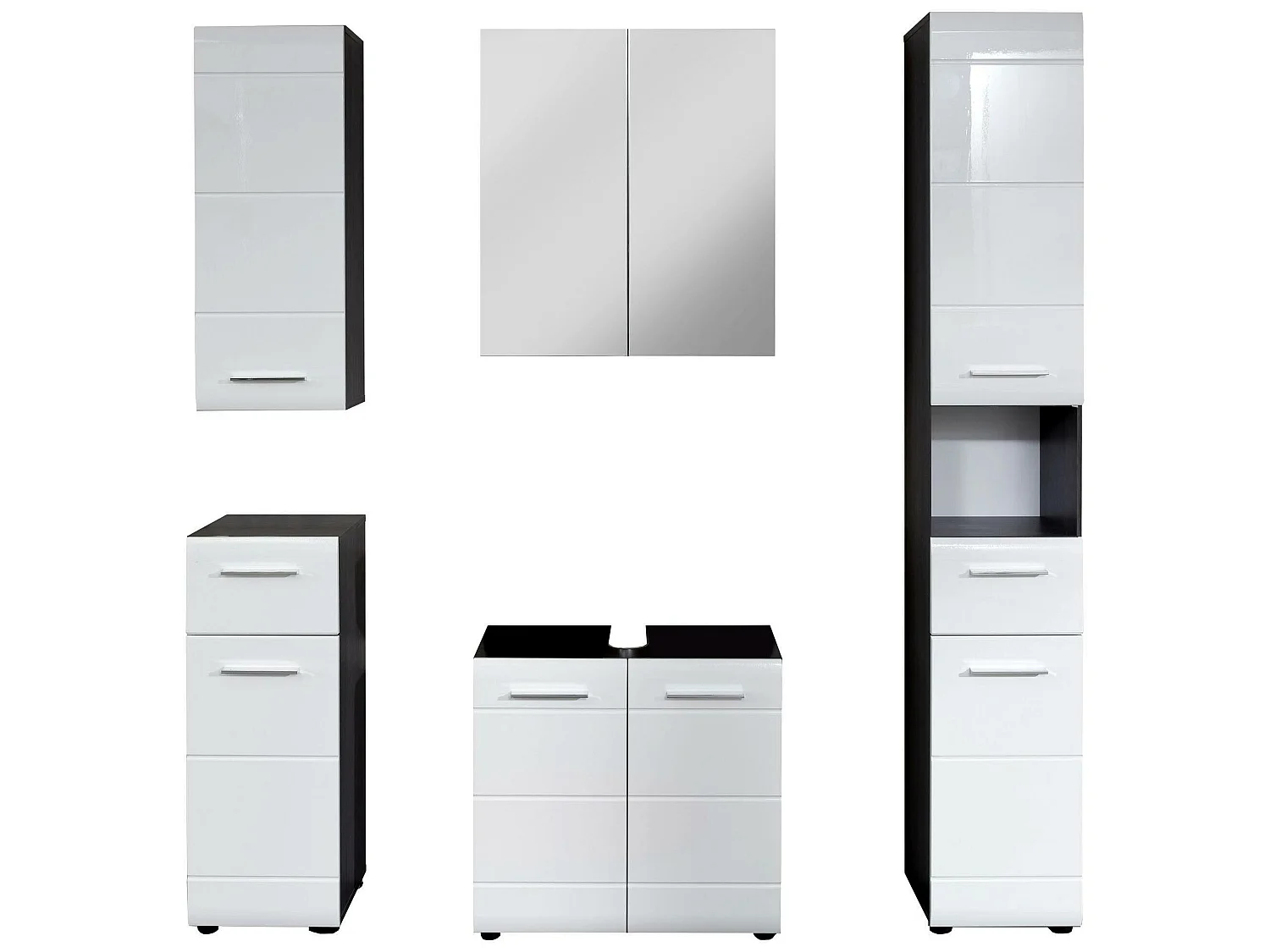 Ensemble salle de bain 5 pièces. Mélaminé gris et blanc brillant. L-H-P : 150-182-31