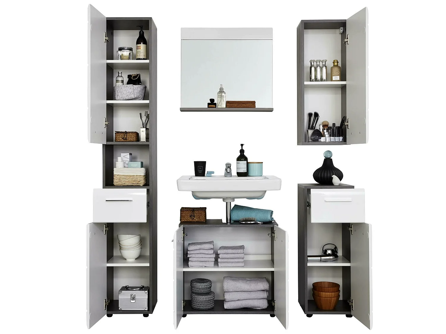 Ensemble salle de bain 5 pièces. Mélaminé gris et blanc brillant. L-H-P : 150-182-31