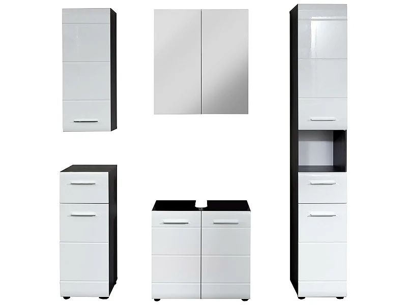 Ensemble salle de bain 5 pièces. Mélaminé gris et blanc brillant. L-H-P : 150-182-31