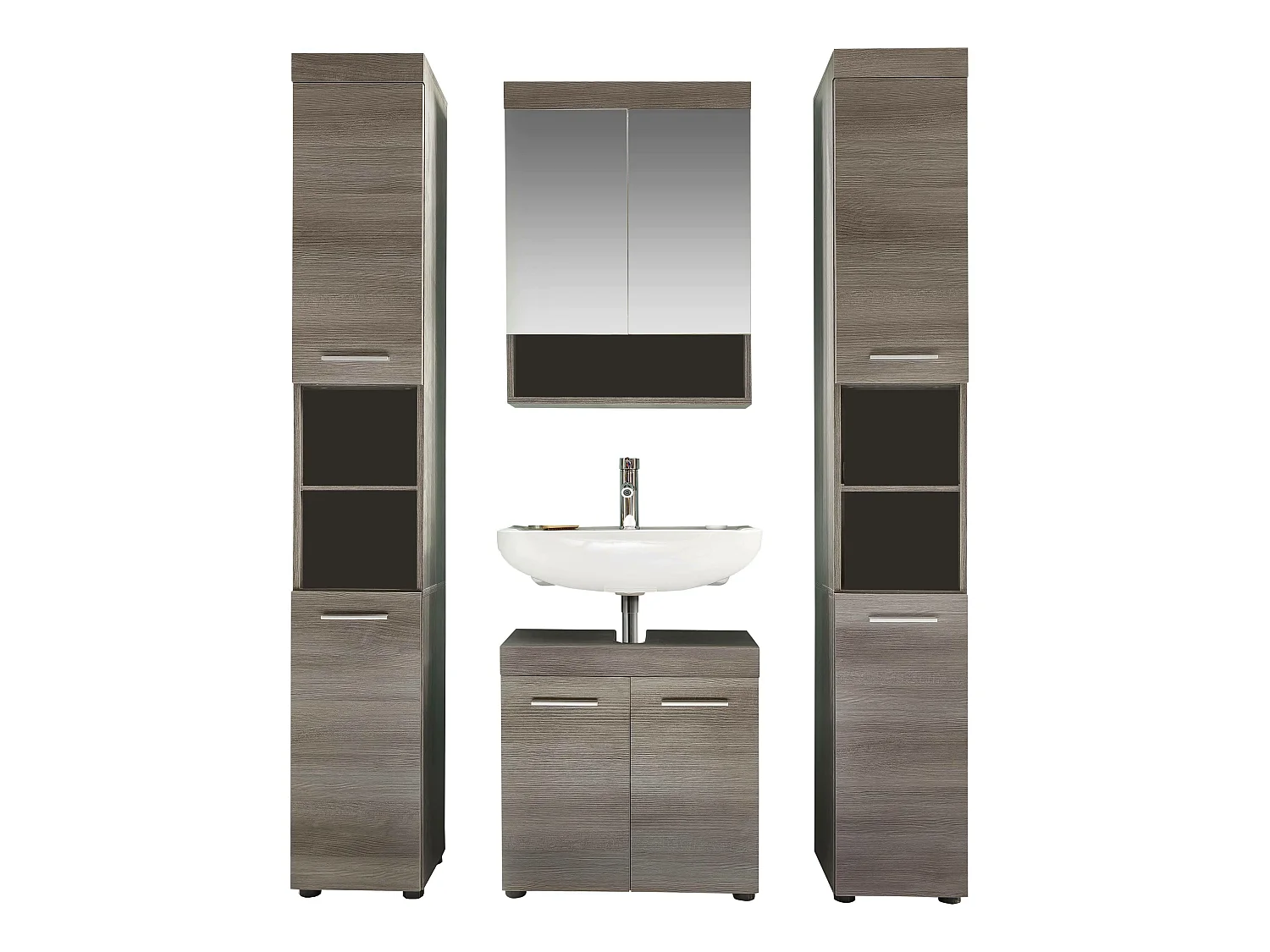 Ensemble de SDB - 4 meubles en mélaminé bois grisé, vasque non-incluse. L-H-P : 148 - 190 - 31 cm