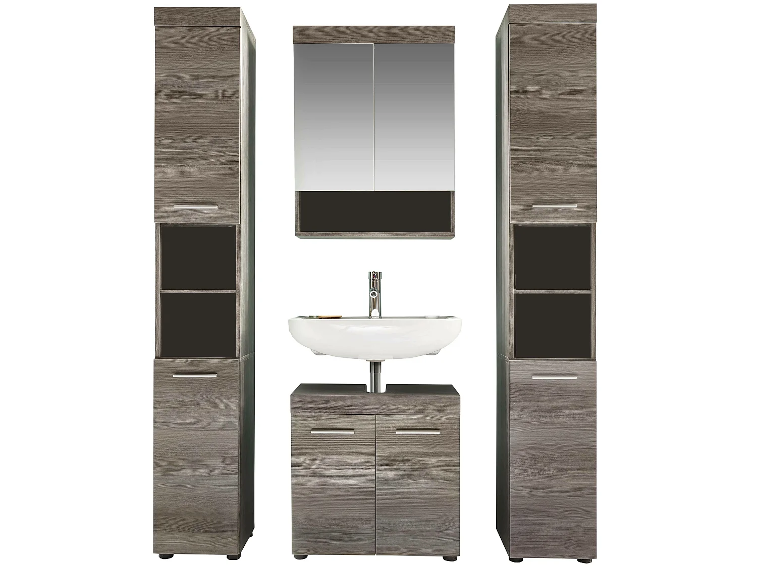 Ensemble de SDB - 4 meubles en mélaminé bois grisé, vasque non-incluse. L-H-P : 148 - 190 - 31 cm