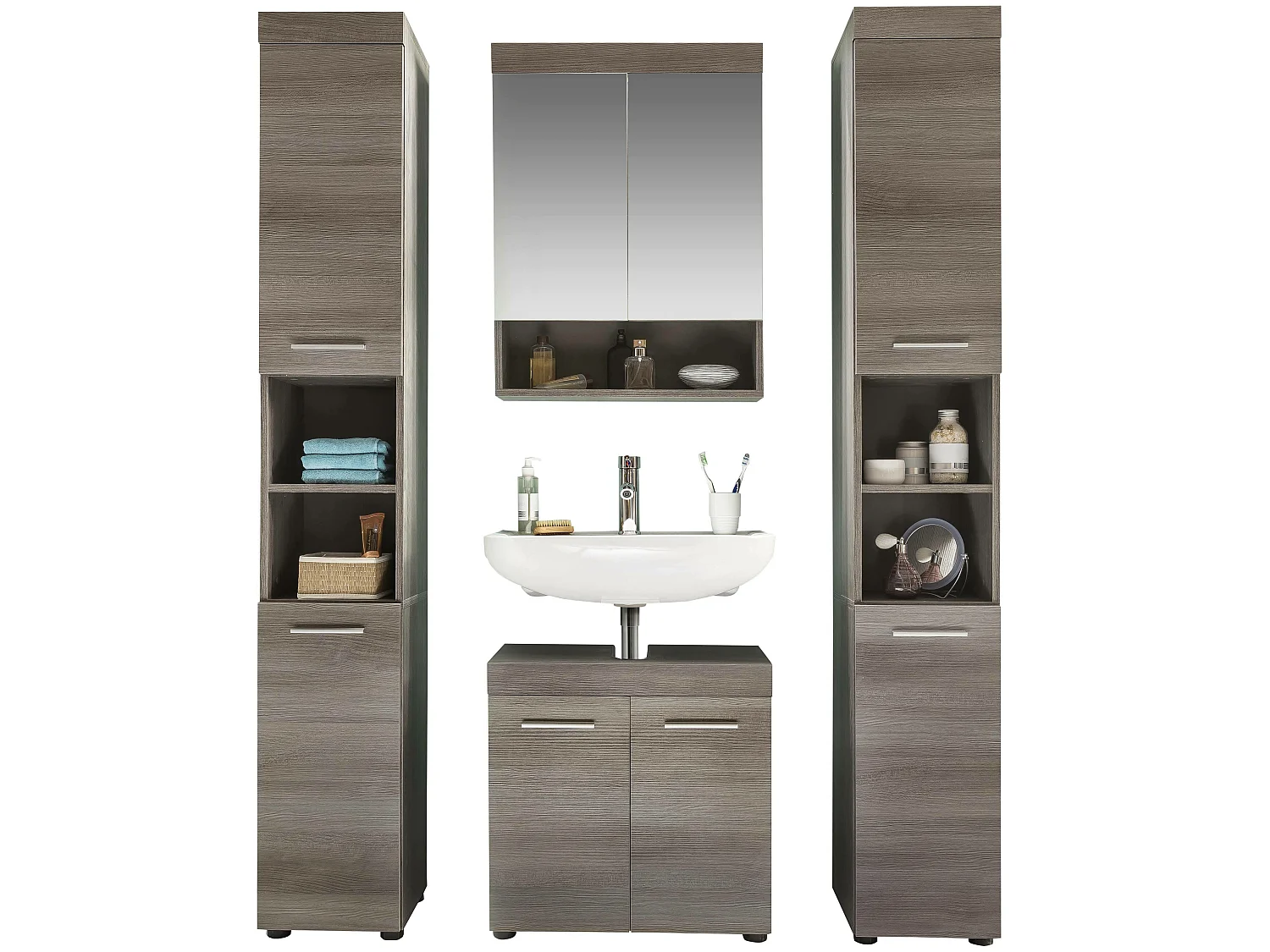 Ensemble de SDB - 4 meubles en mélaminé bois grisé, vasque non-incluse. L-H-P : 148 - 190 - 31 cm