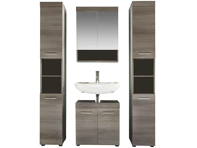 Ensemble de SDB - 4 meubles en mélaminé bois grisé, vasque non-incluse. L-H-P : 148 - 190 - 31 cm