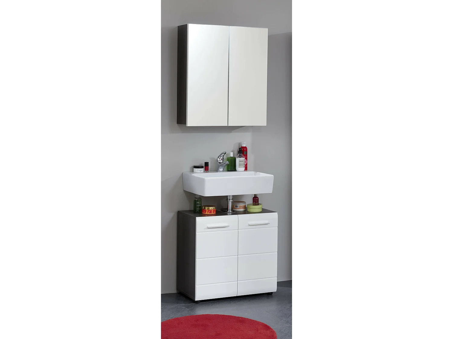 Ensemble salle de bain 2 pièces. Mélaminé gris et blanc brillant. L-H-P : 60-182-31