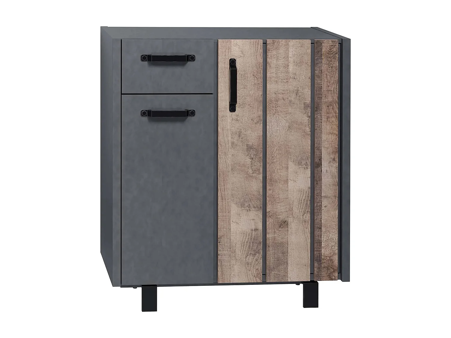 Commode 2 portes 1 tiroir mélaminé gris mat et chêne foncé Yanis