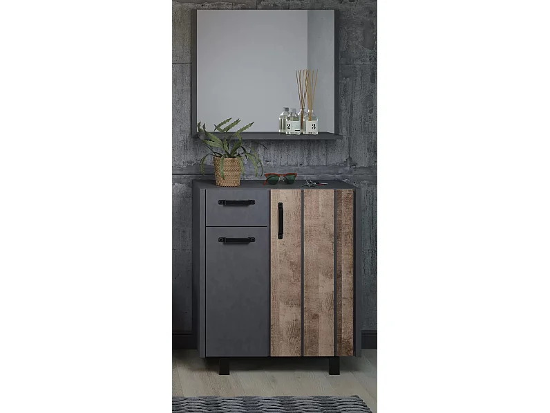 Commode 2 portes 1 tiroir mélaminé gris mat et chêne foncé Yanis