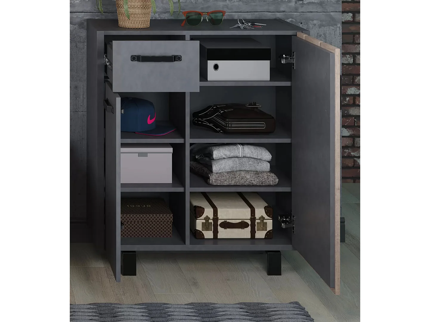 Commode 2 portes 1 tiroir mélaminé gris mat et chêne foncé Yanis