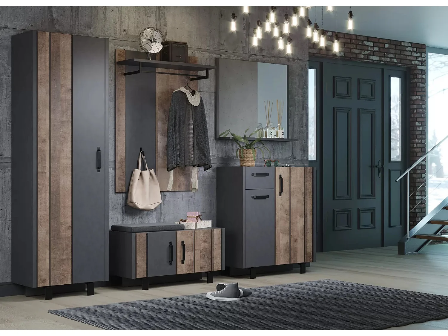 Commode 2 portes 1 tiroir mélaminé gris mat et chêne foncé Yanis