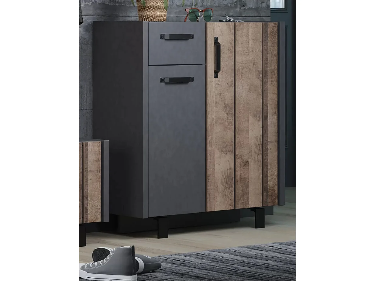 Commode 2 portes 1 tiroir mélaminé gris mat et chêne foncé Yanis