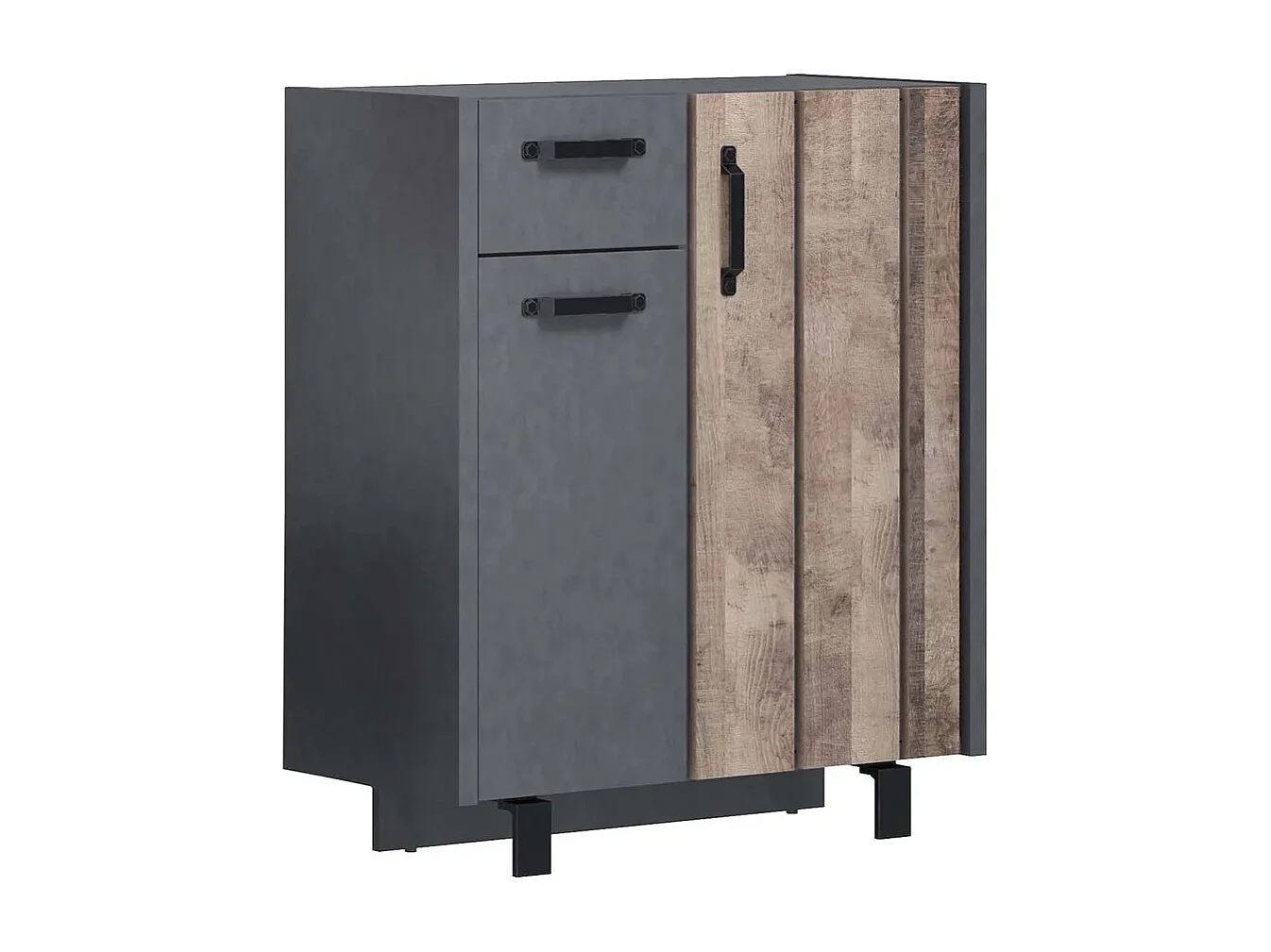 Commode 2 portes 1 tiroir mélaminé gris mat et chêne foncé Yanis