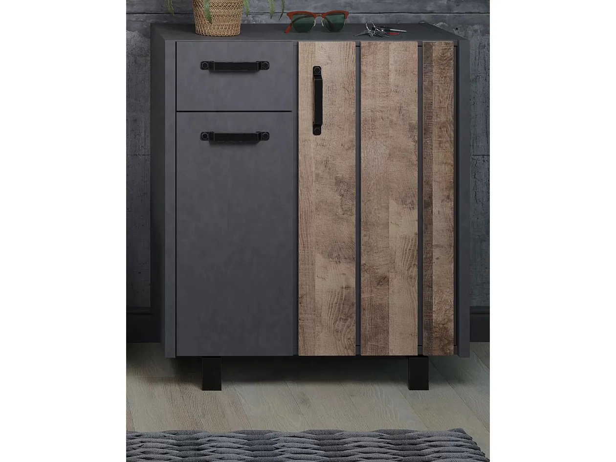 Commode 2 portes 1 tiroir mélaminé gris mat et chêne foncé Yanis