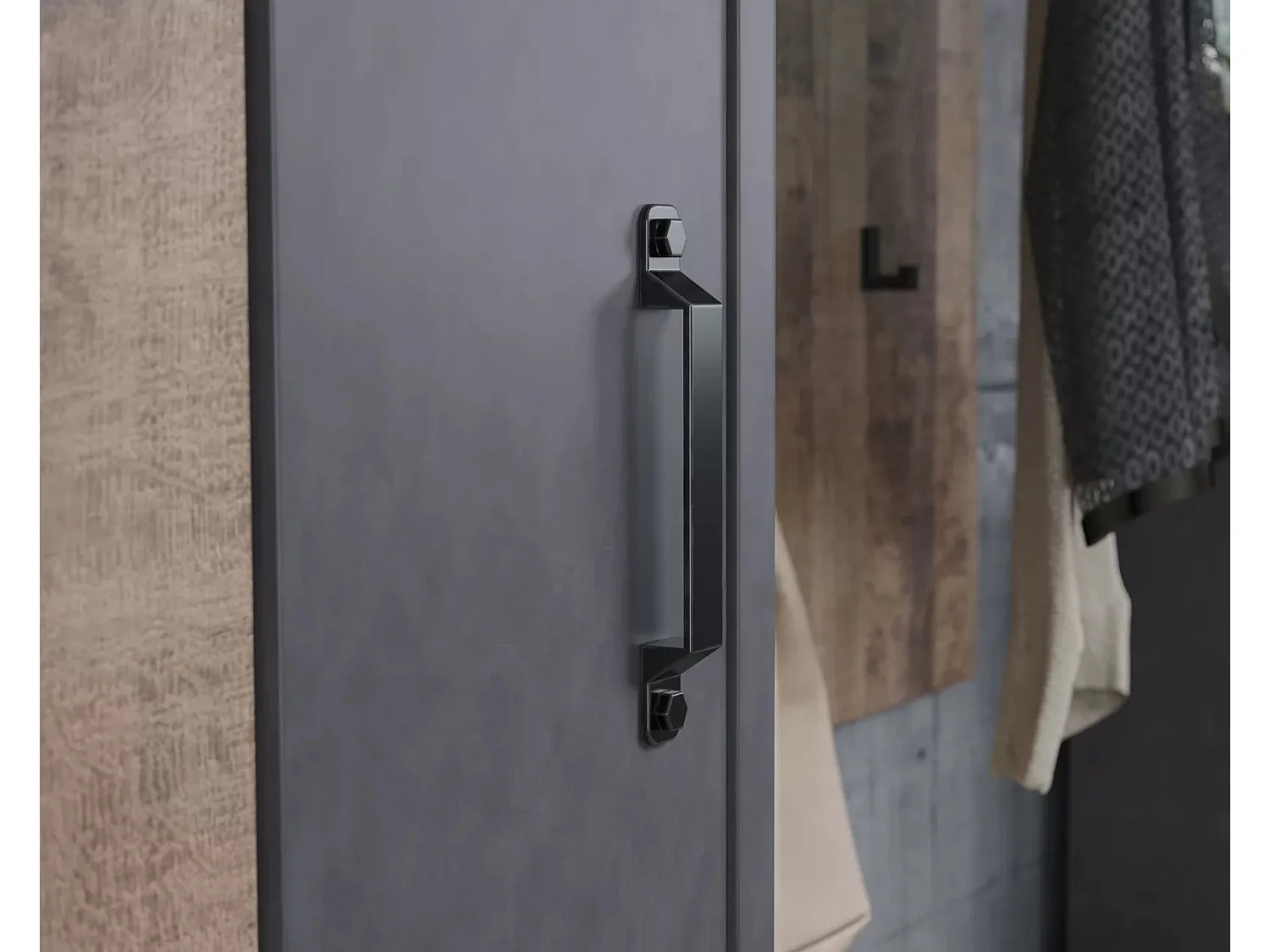 Commode 2 portes 1 tiroir mélaminé gris mat et chêne foncé Yanis