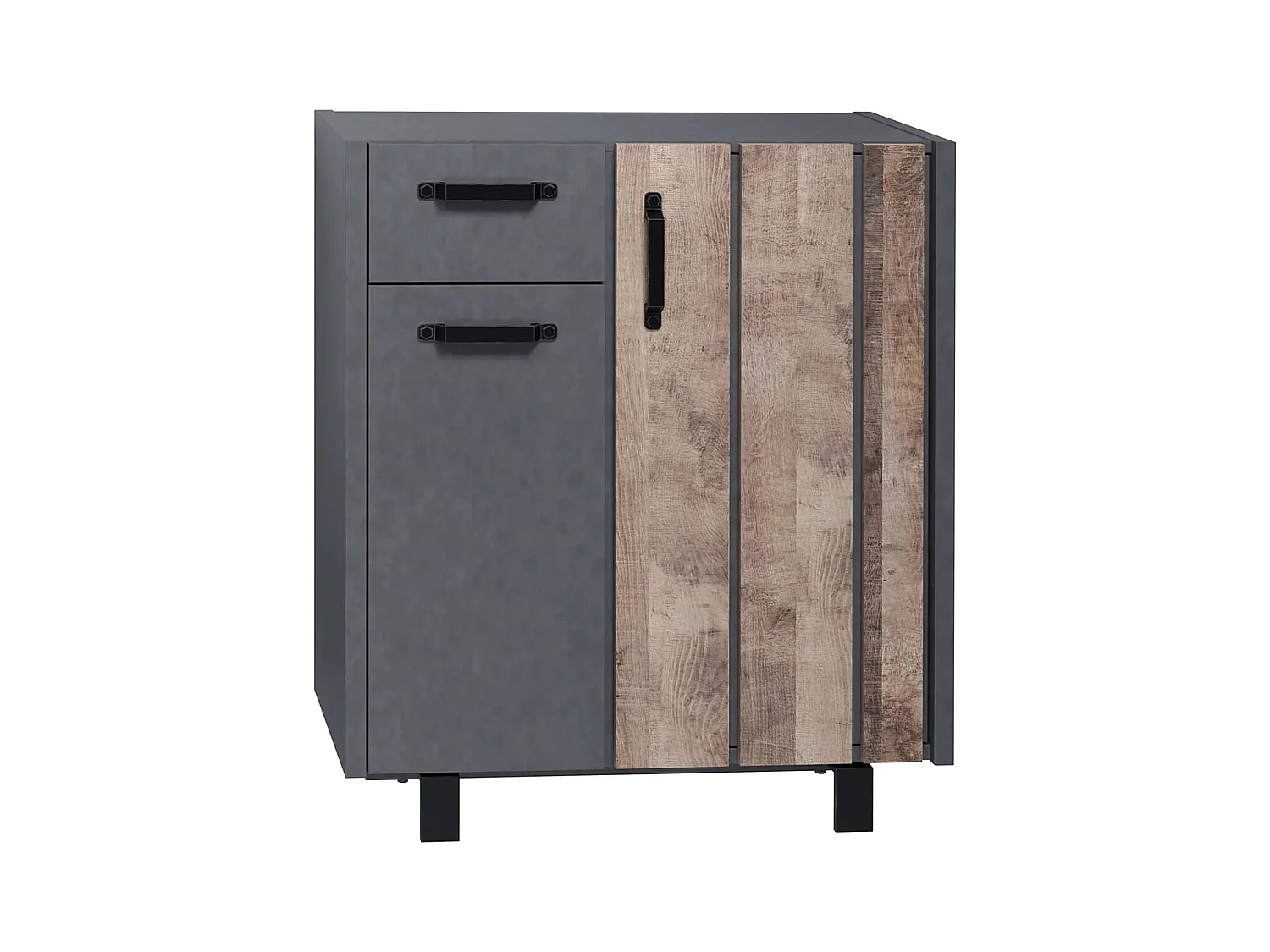 Commode 2 portes 1 tiroir mélaminé gris mat et chêne foncé Yanis