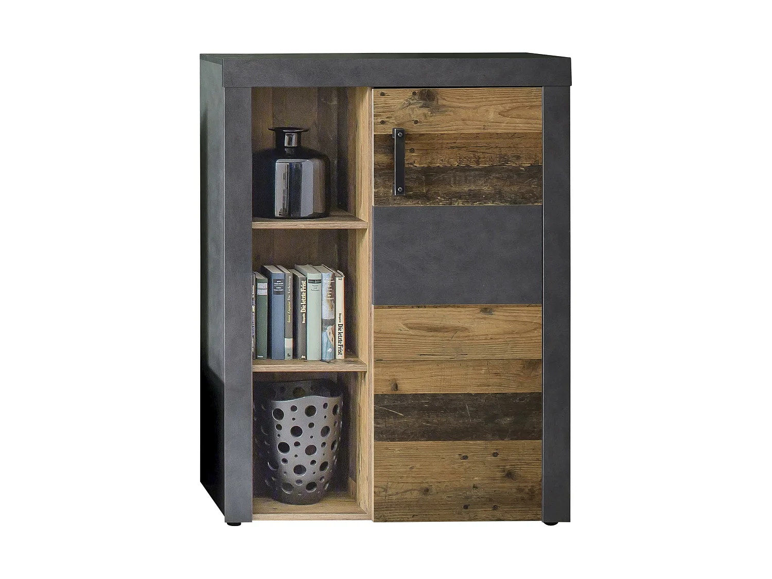 Meuble de salon - Bahut en mélaminé coloris bois effet vieilli avec une finition gris ciment. L - H - P : 87 - 118 - 34 cm