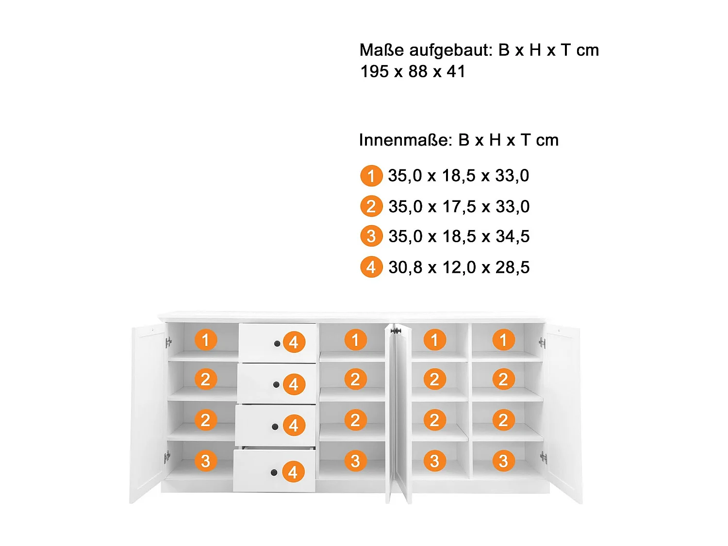 Buffet 4 portes 4 tiroirs blanc style campagnard moderne Valex 195cm