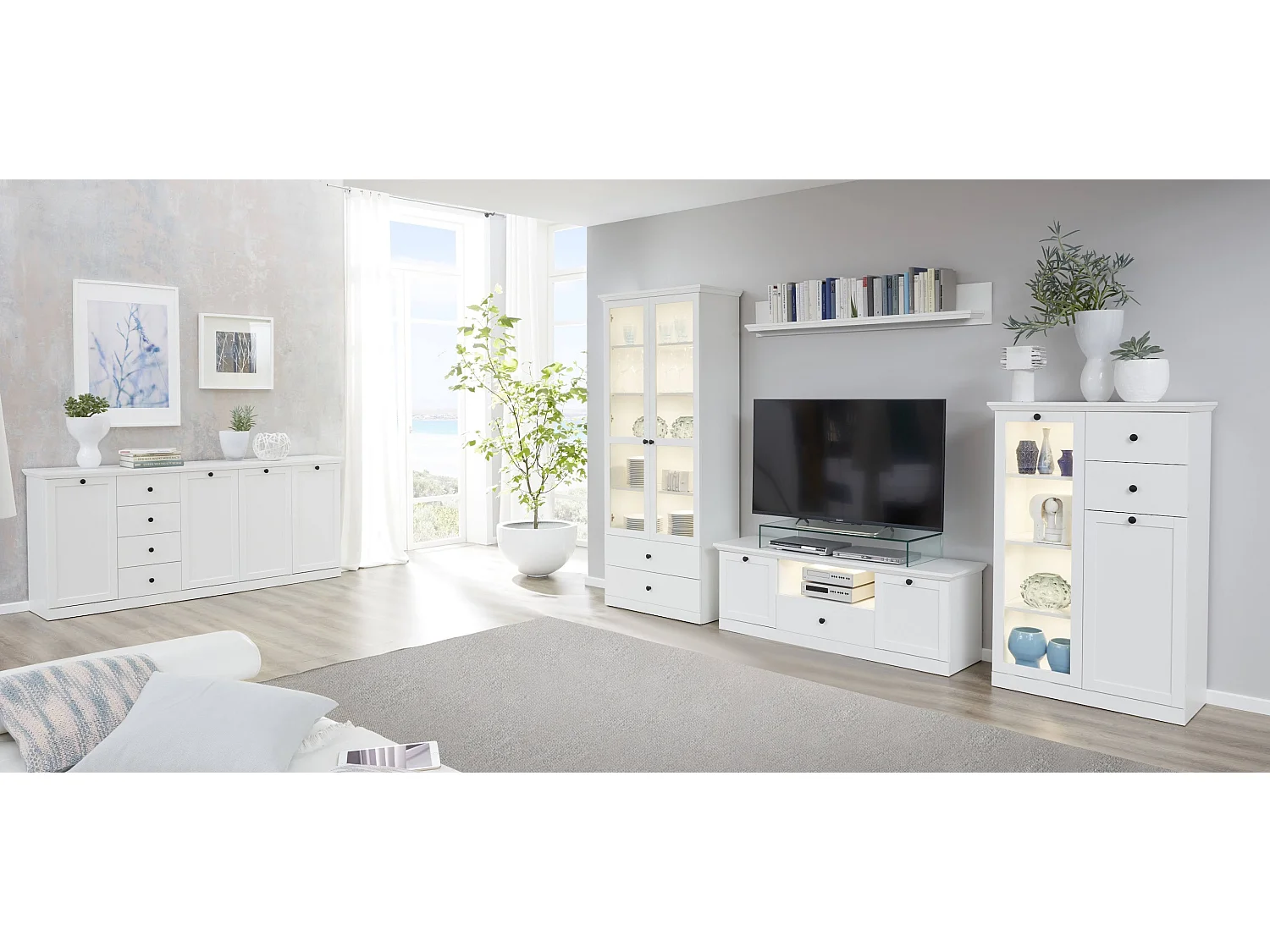 Buffet 4 portes 4 tiroirs blanc style campagnard moderne Valex 195cm