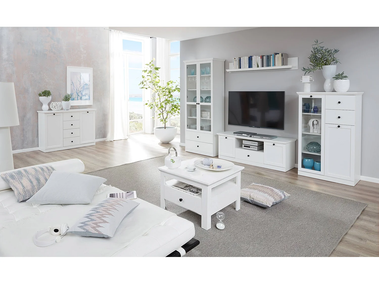 Buffet 4 portes 4 tiroirs blanc style campagnard moderne Valex 195cm