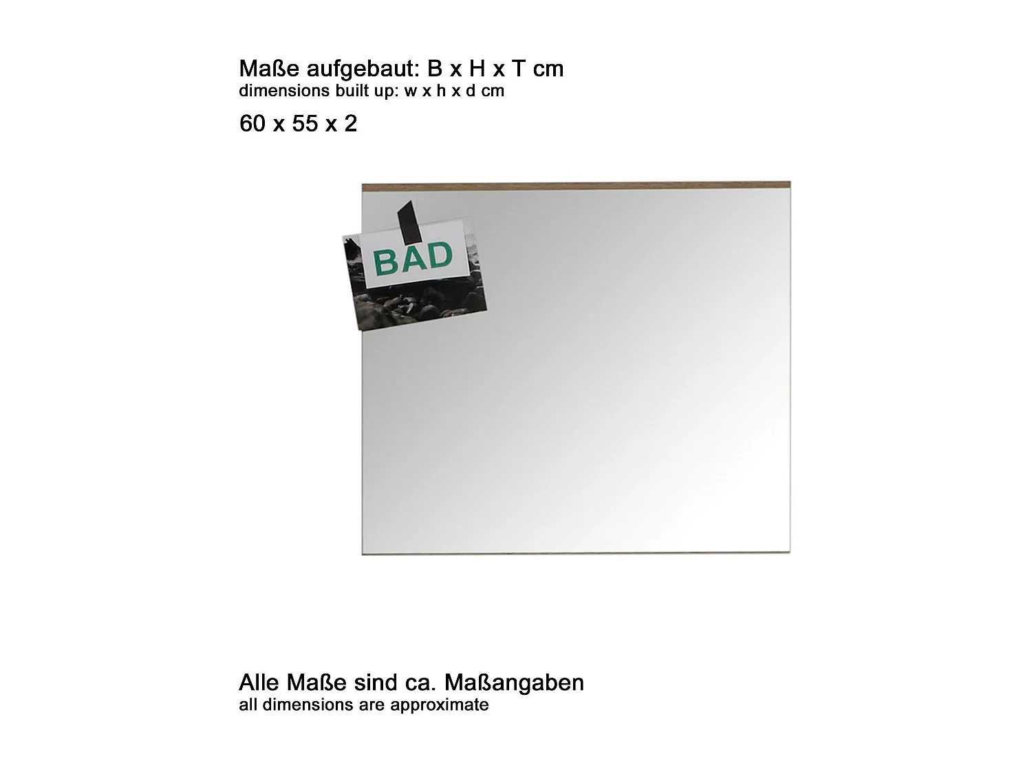 Meuble de salle de bain - Miroir avec un détail en mélaminé chêne. L-H-P : 60 - 55 - 2 cm