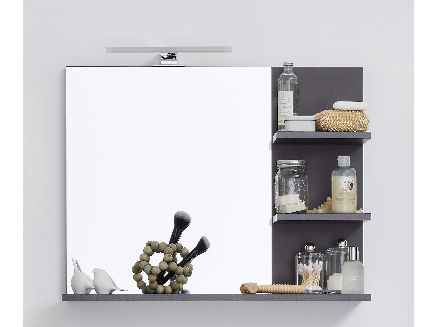 Meuble de salle de bain. Miroir avec tablettes, LED non inclu; mélaminé gris ciment. L - H - P : 72 | 57 | 20 cm.