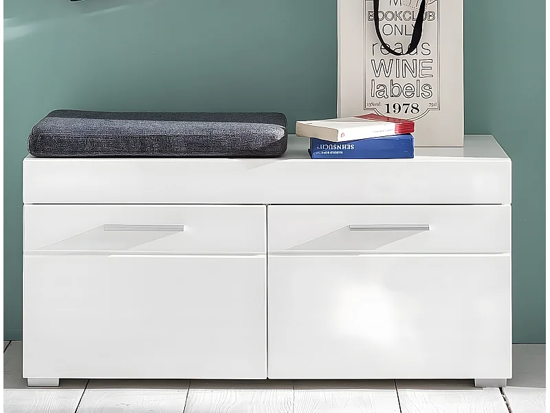 Meuble bas d'entrée : banc mélaminé blanc. 2 compartiments portes + étagères. L - H - P : 91 ] 42 |38 cm