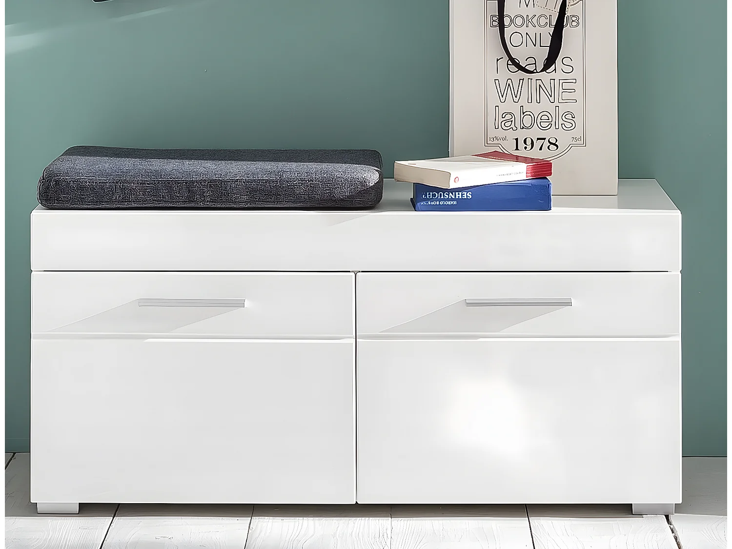 Meuble bas d'entrée : banc mélaminé blanc. 2 compartiments portes + étagères. L - H - P : 91 ] 42 |38 cm