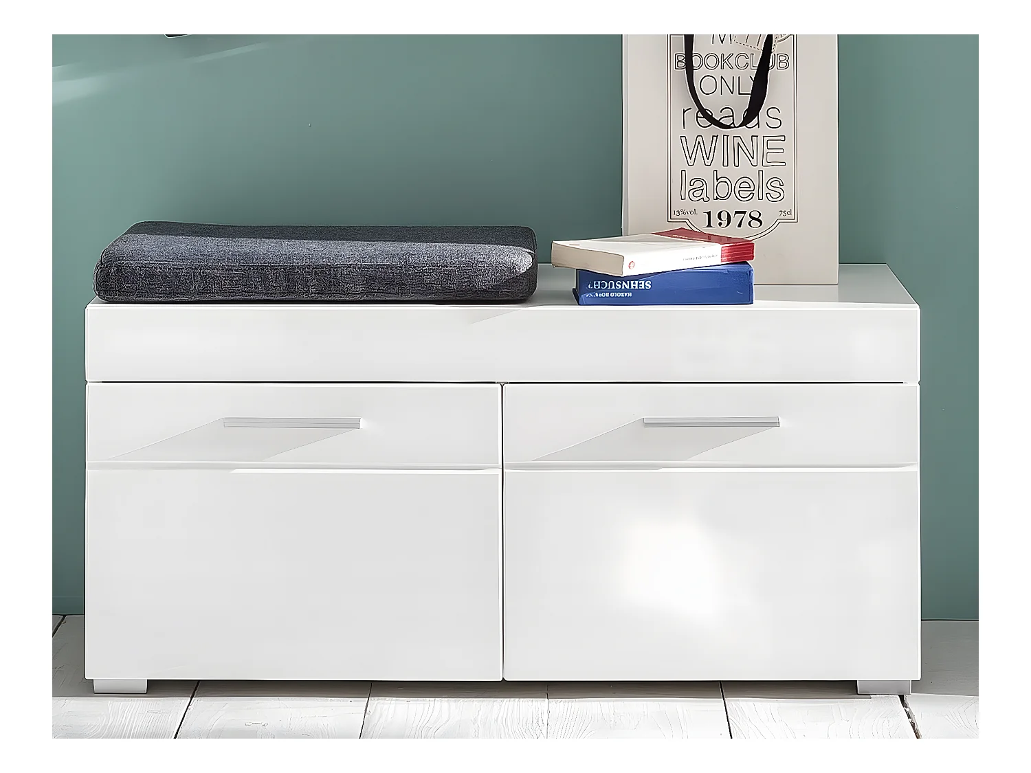 Meuble bas d'entrée : banc mélaminé blanc. 2 compartiments portes + étagères. L - H - P : 91 ] 42 |38 cm