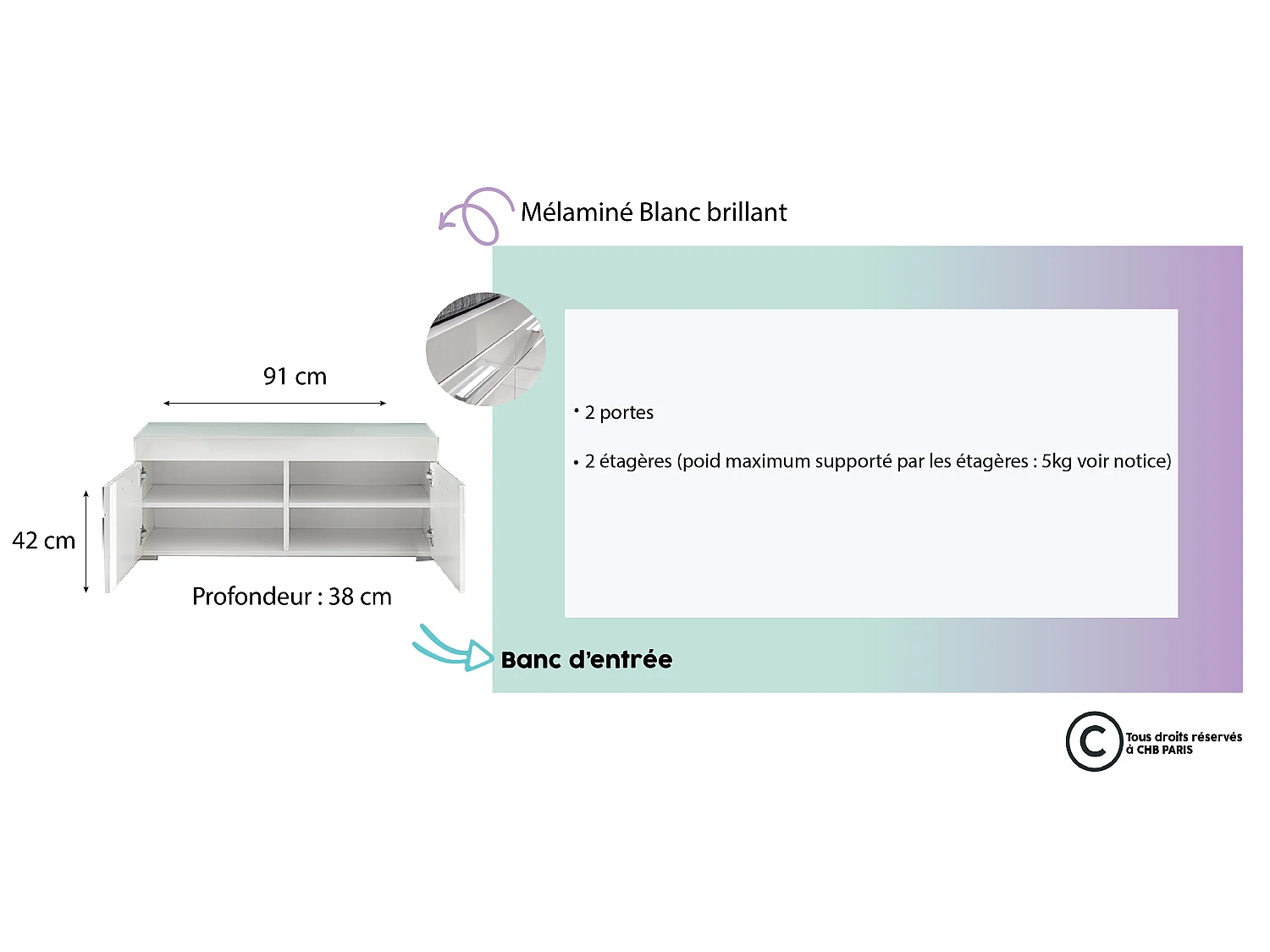 Meuble bas d'entrée : banc mélaminé blanc. 2 compartiments portes + étagères. L - H - P : 91 ] 42 |38 cm
