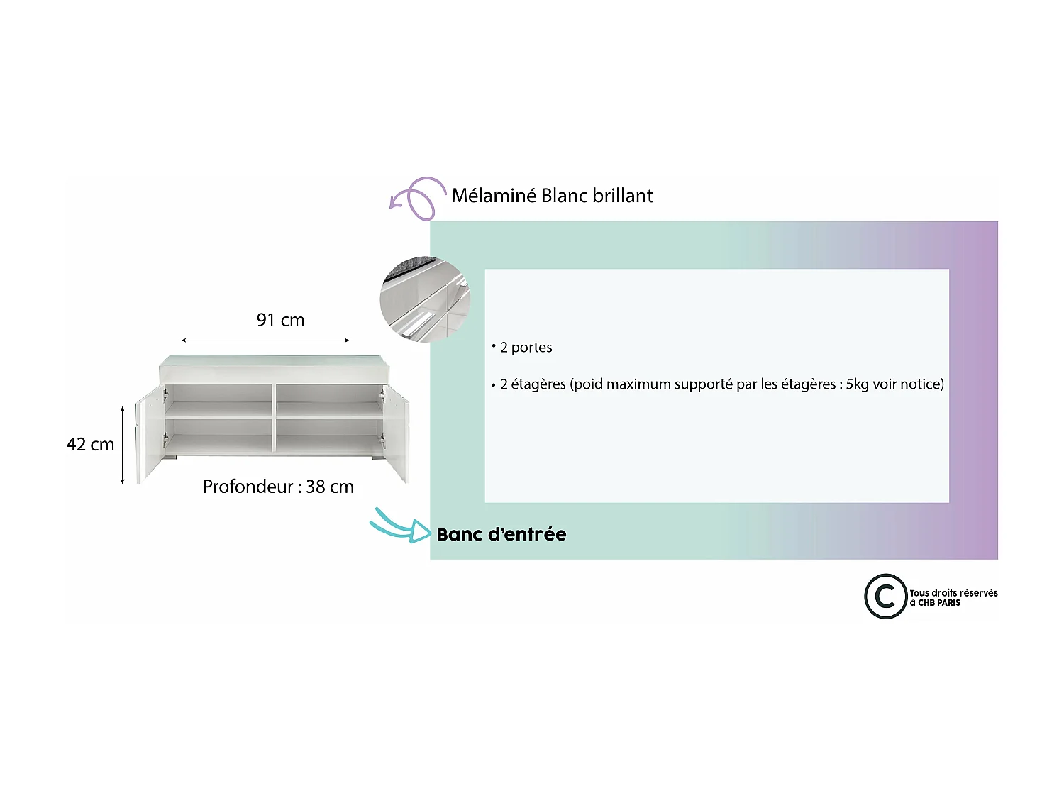 Meuble à chaussures 2 portes blanc brillant Kelia 91cm