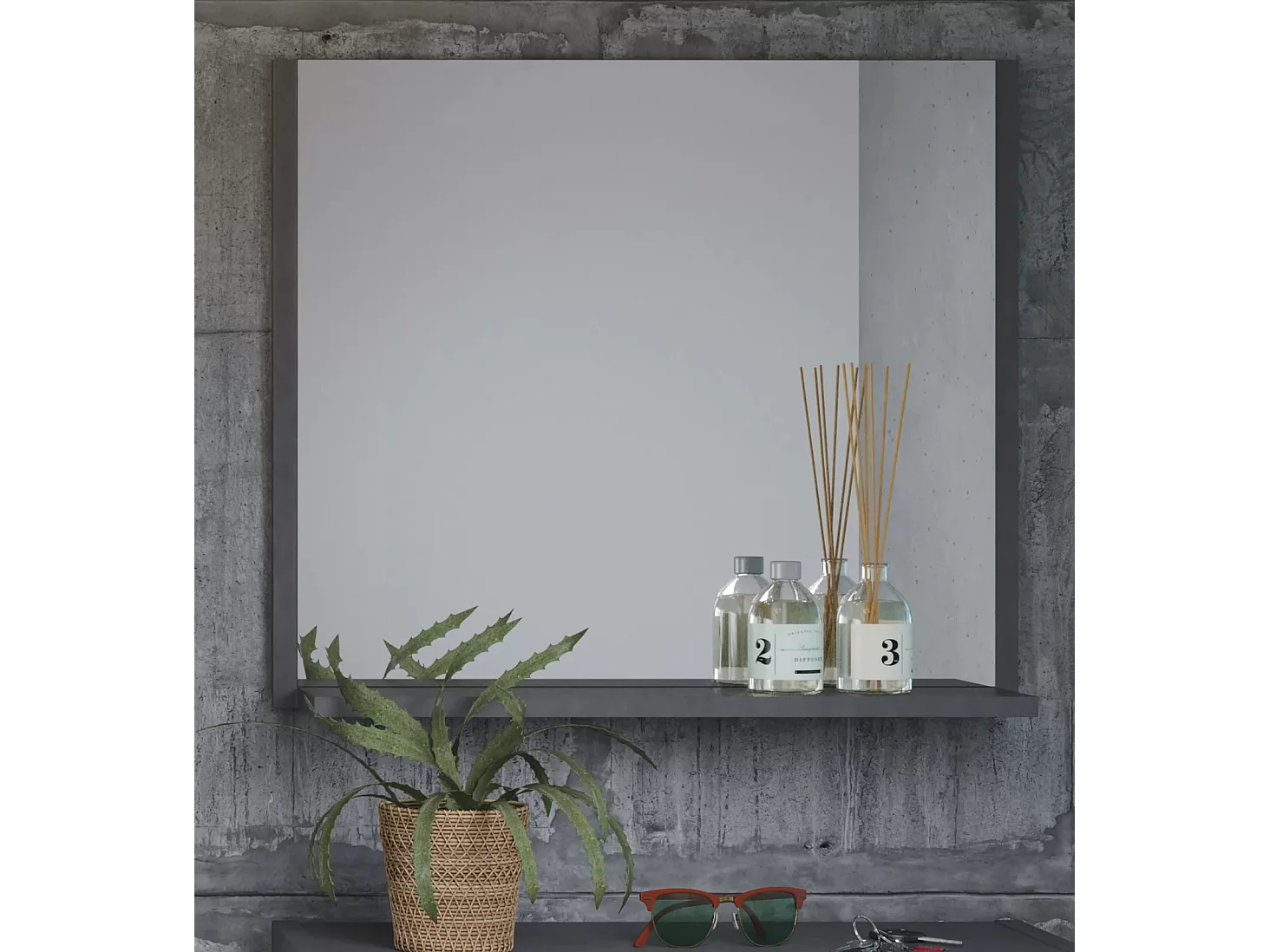 Miroir mural avec étagère mélaminé gris mat Yanis