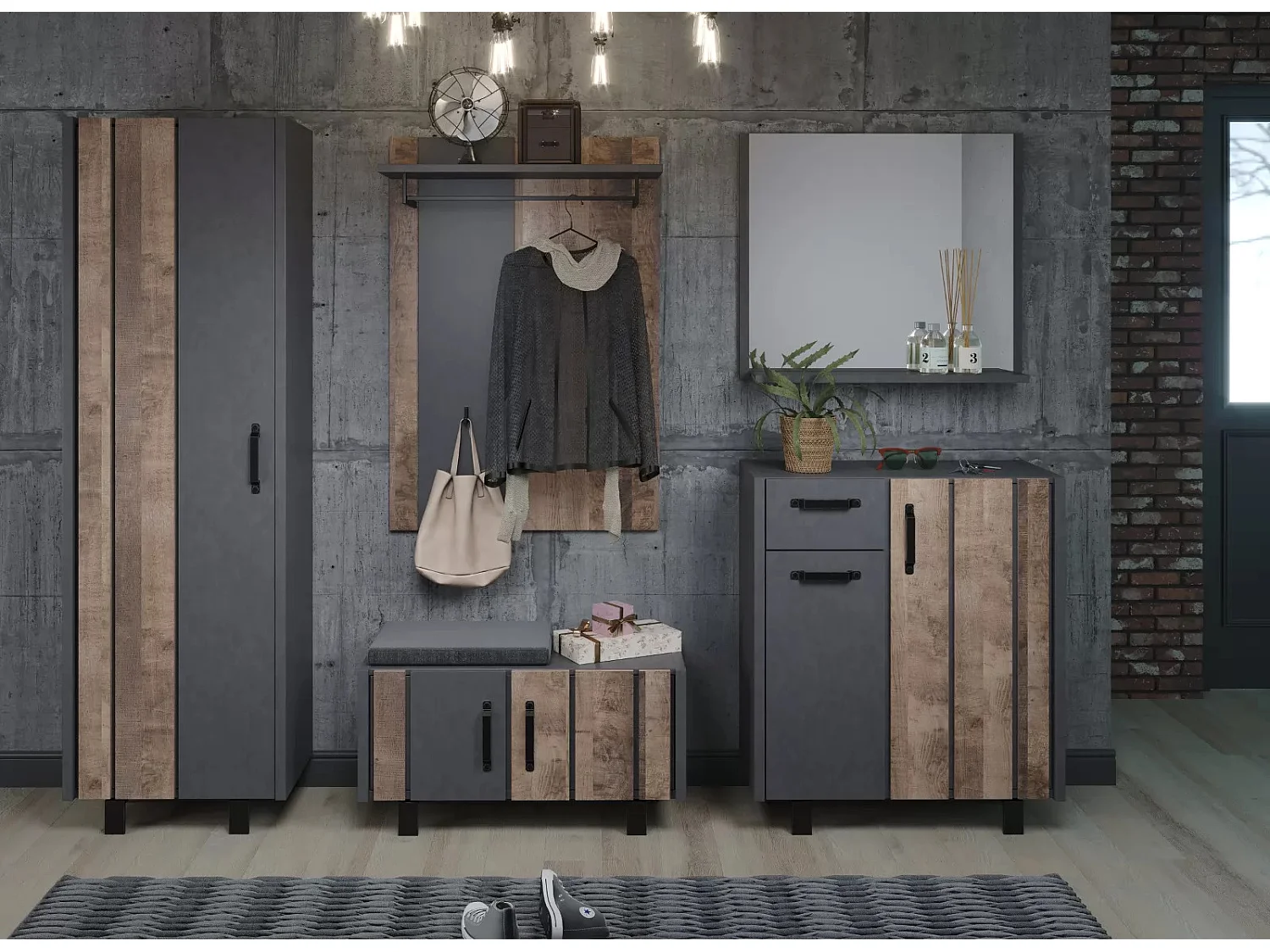 Miroir mural avec étagère mélaminé gris mat Yanis