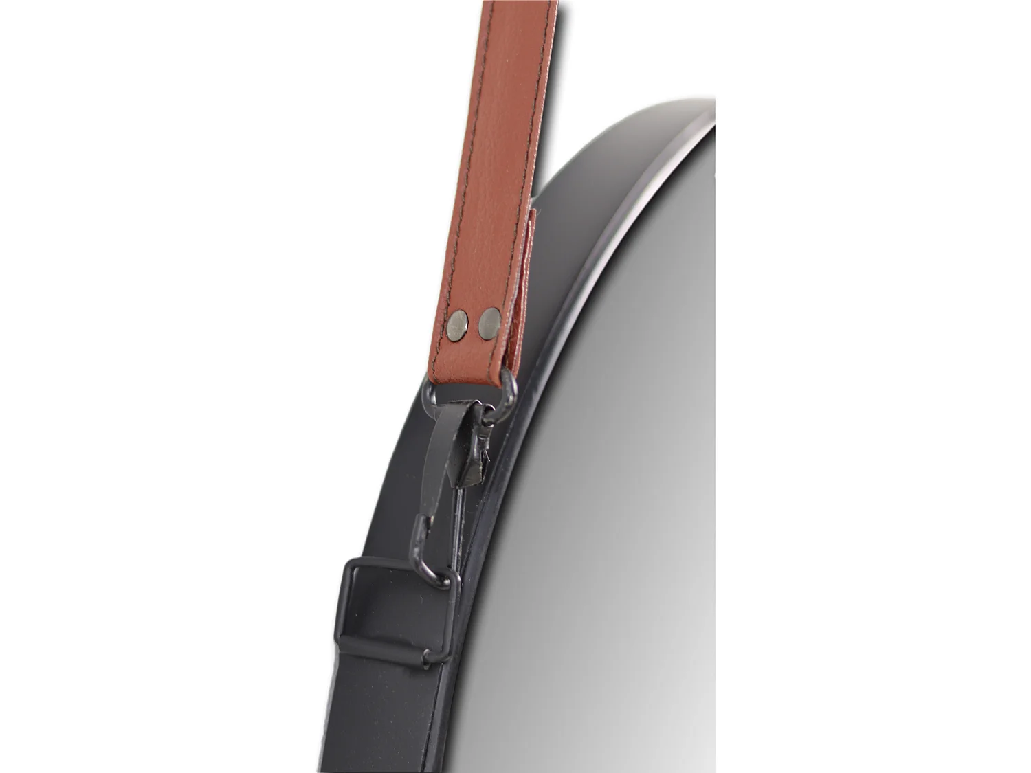 Espejo redondo de metal negro con correa de cuero artificial 49 x 3 x 68