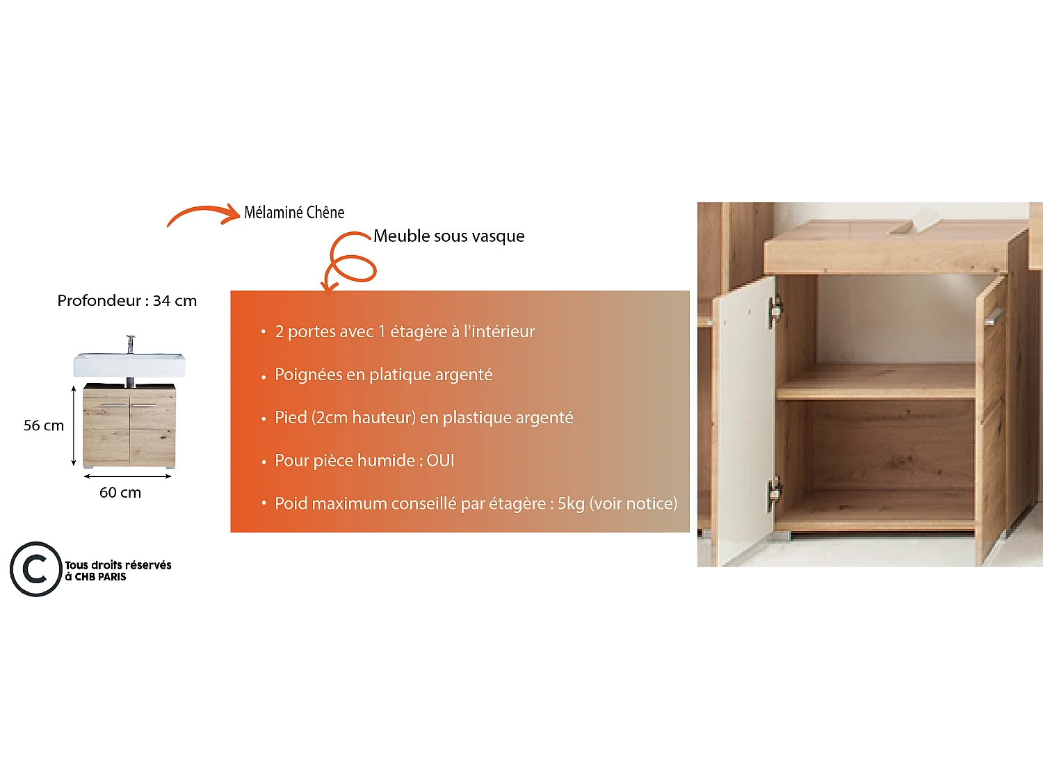 Meuble sous vasque  mélaminé chêne. L-H-P : 60 - 56 - 34 cm