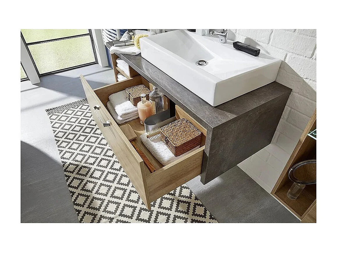 Meuble sous vasque suspendu 1 tiroir gris béton et chêne Riviera miel Babel 123cm