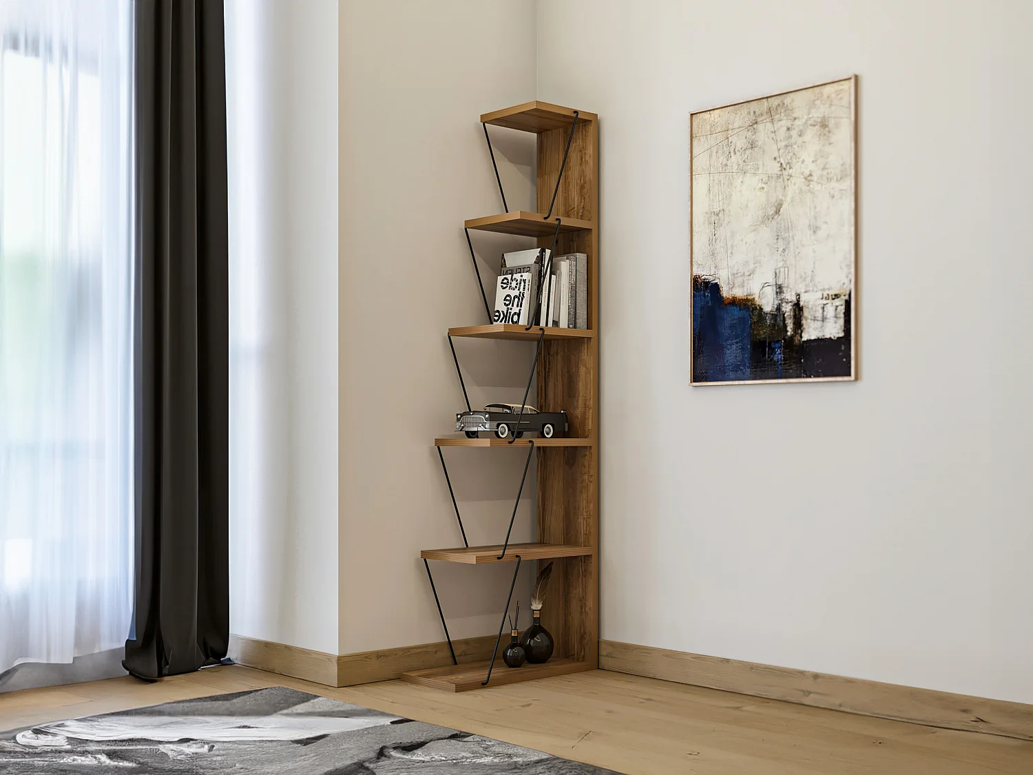 Biblioteczka z 5 półkami - Naturalny i czarny - DELORY