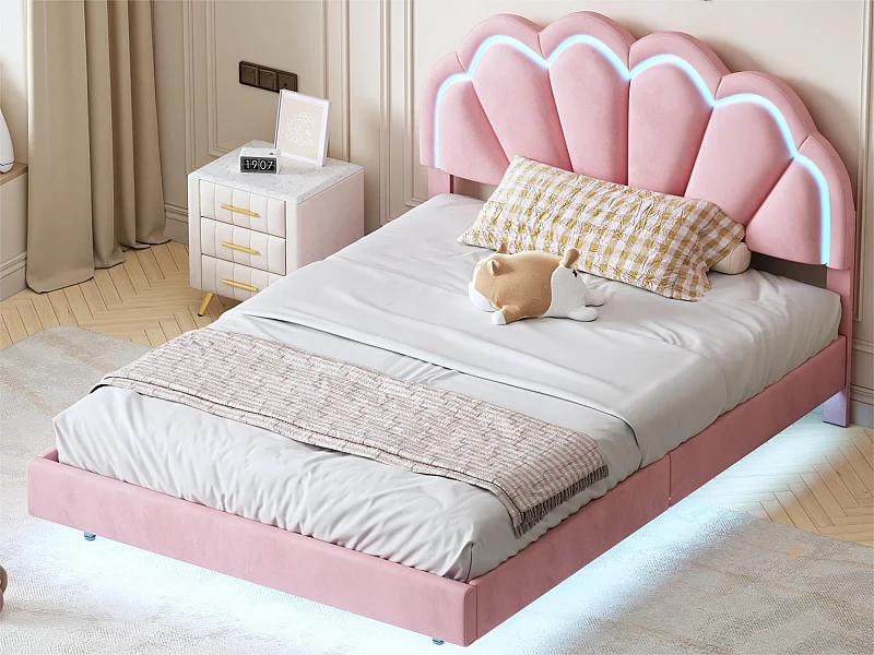Lit rembourré en velours 140x200cm - avec LED et tête de lit en forme de coquille - sommier à lattes - rose