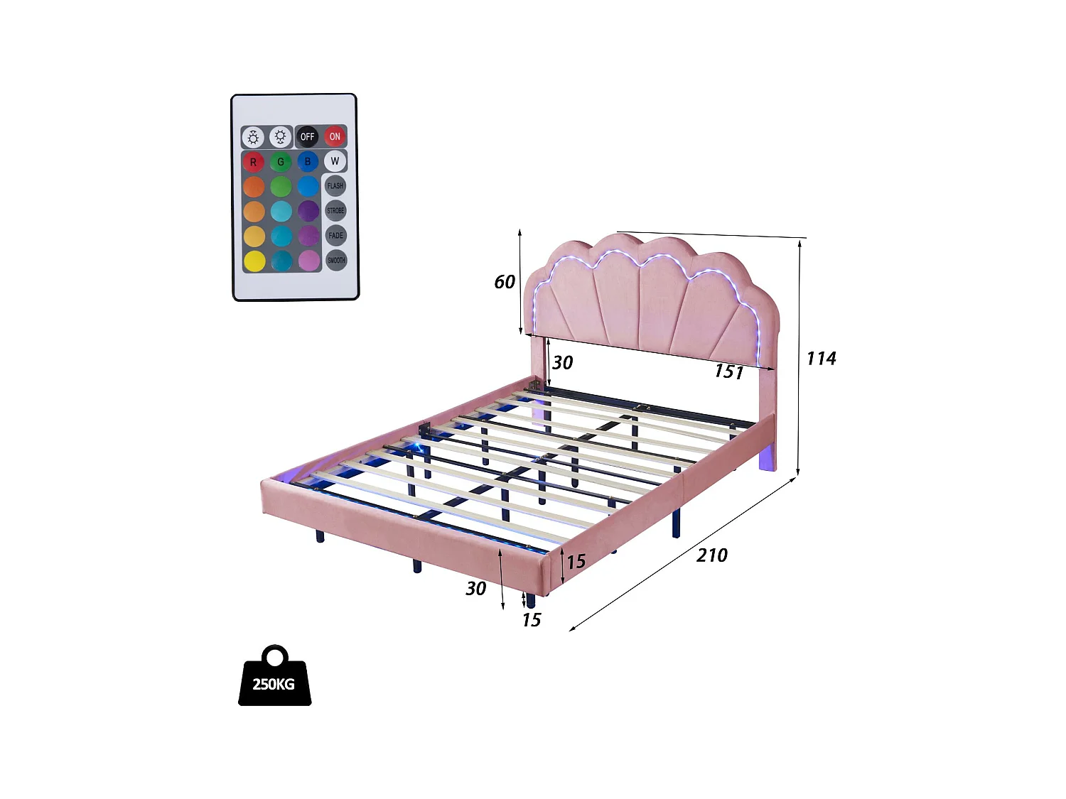 Fluweel gestoffeerd bed met LED - 140x200cm - Roze