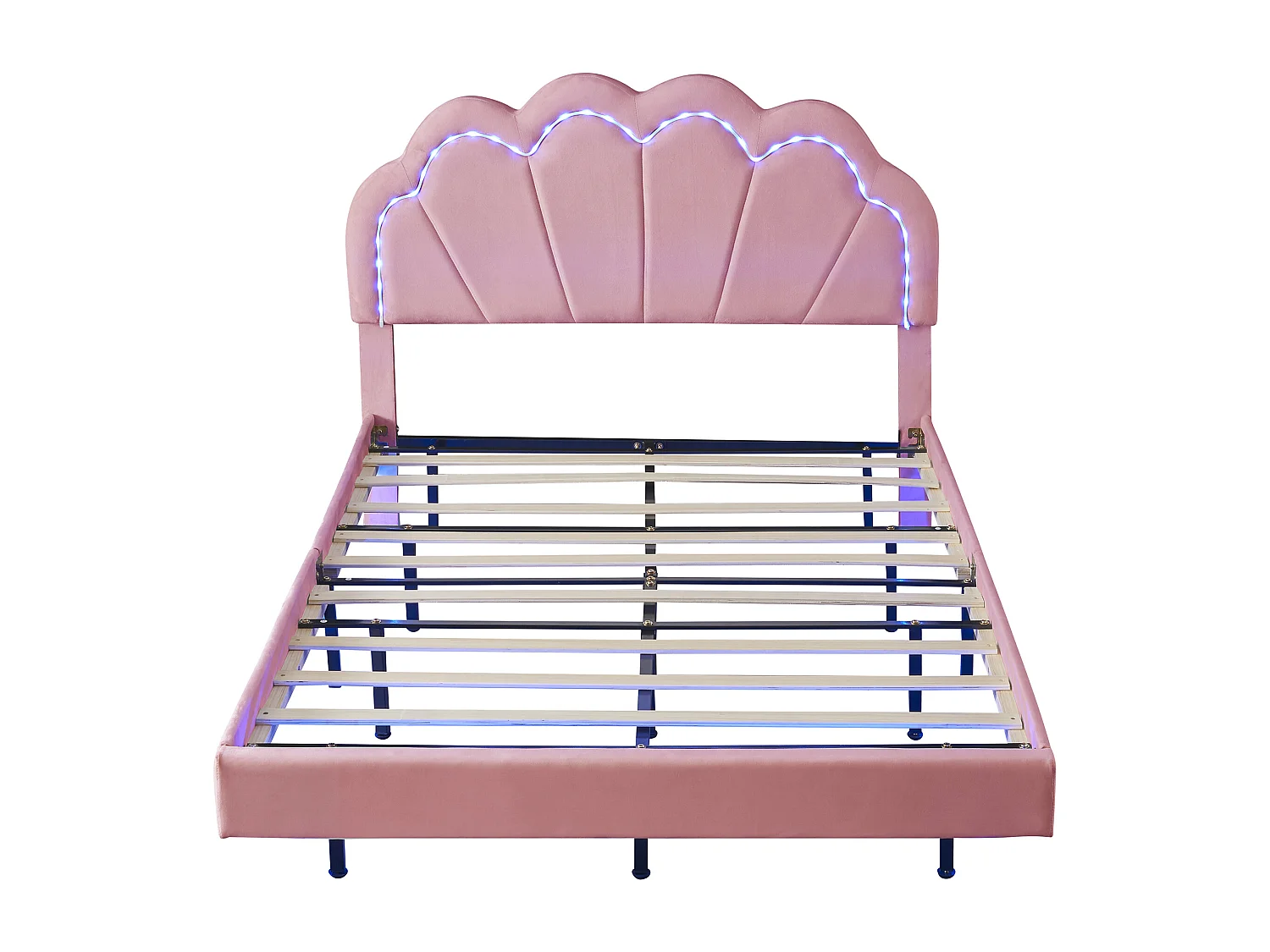 Lit rembourré en velours 140x200cm - avec LED et tête de lit en forme de coquille - sommier à lattes - rose
