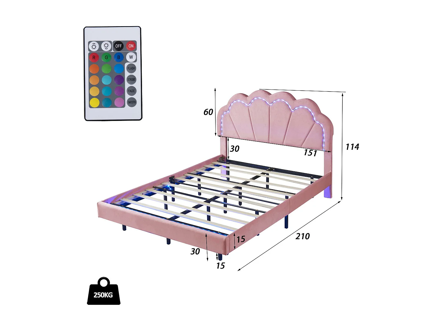 Lit rembourré en velours 140x200cm - avec LED et tête de lit en forme de coquille - sommier à lattes - rose