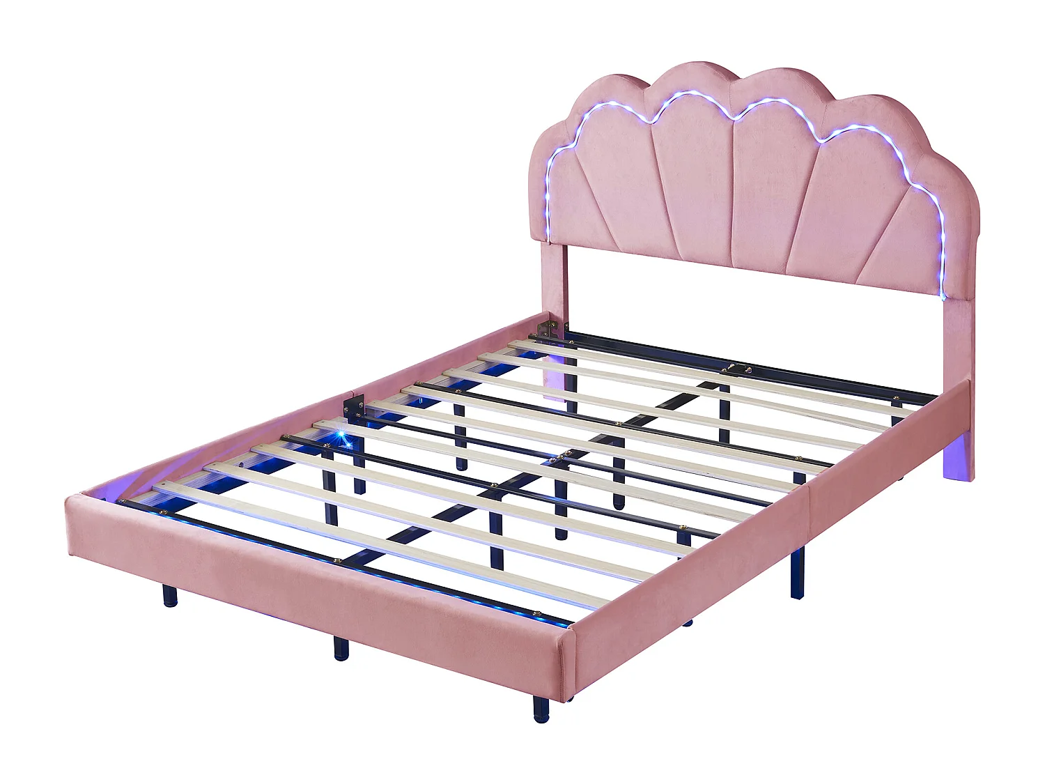 Lit rembourré en velours 140x200cm - avec LED et tête de lit en forme de coquille - sommier à lattes - rose