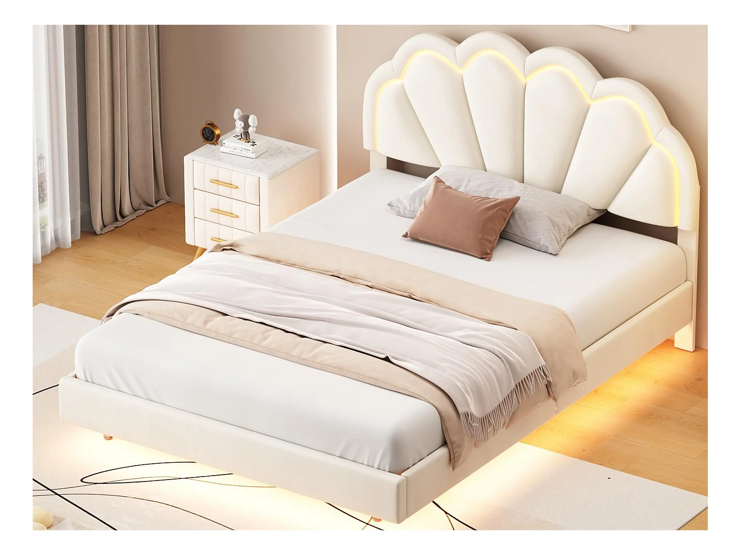 Lit rembourré en velours 140x200cm - avec LED et tête de lit en forme de coquille - sommier à lattes - beige