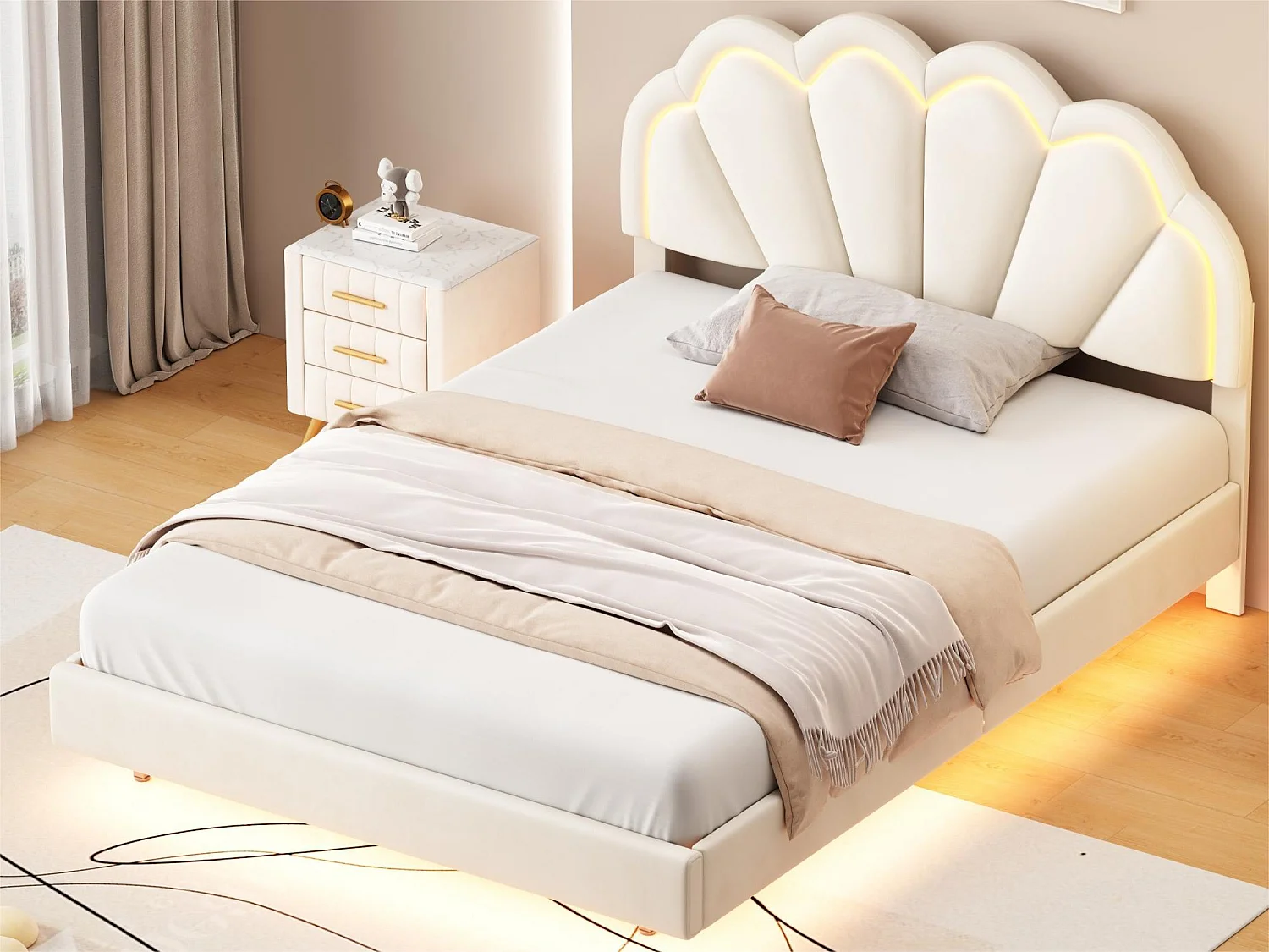 Samtgepolstertes Bett mit LED – 140 x 200 cm – Beige