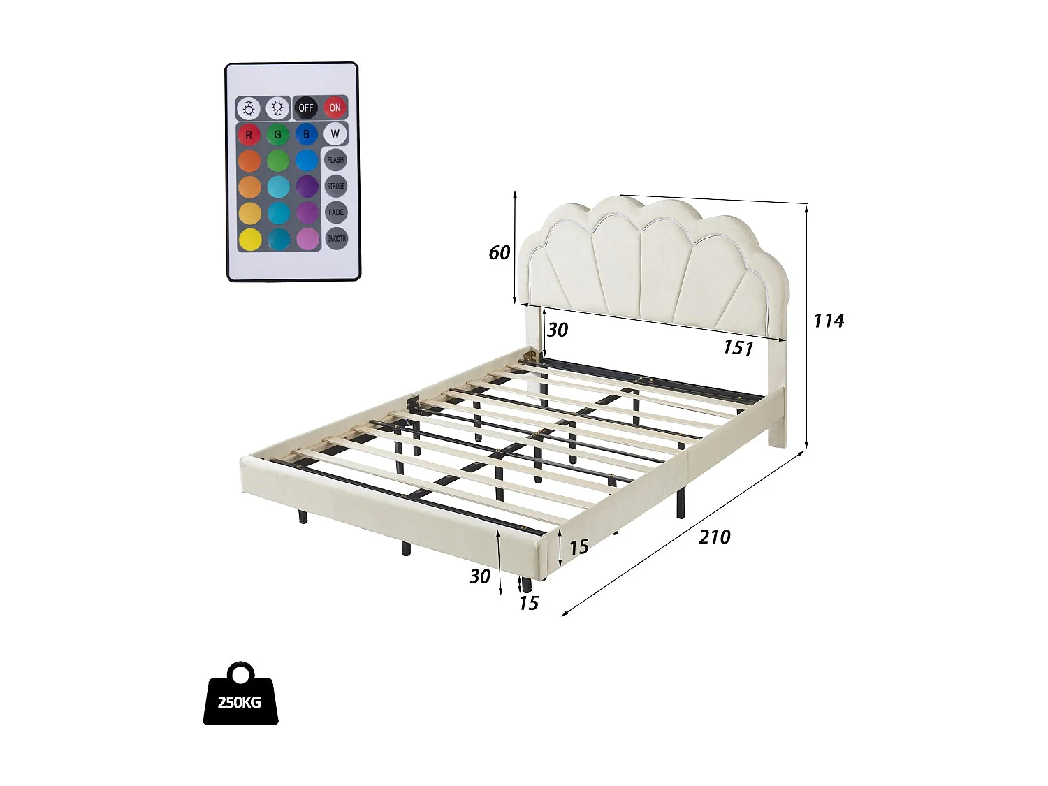 Samtgepolstertes Bett mit LED – 140 x 200 cm – Beige
