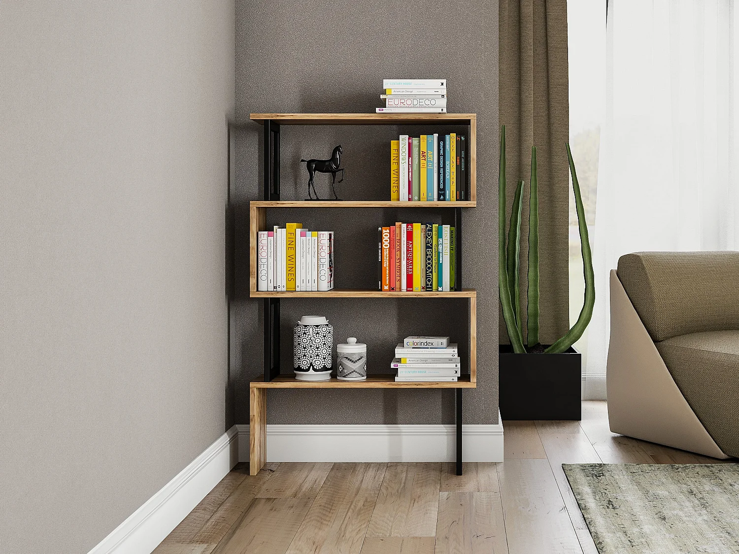 Bibliothèque avec 3 étagères en métal - Naturel clair et Noir - ROVENI