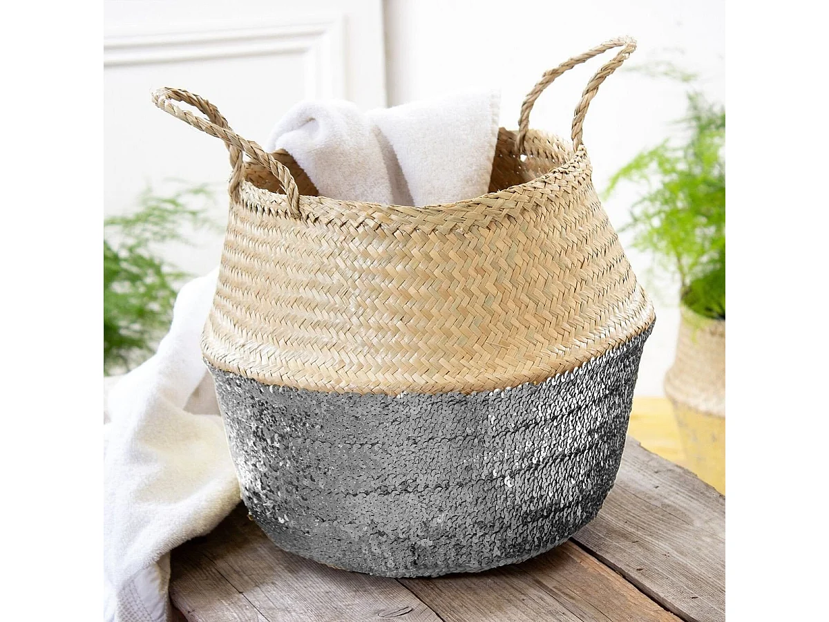 Cesta redonda trenzada junco marino lentejuelas plateadas