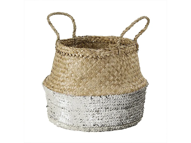 Cesta redonda trenzada junco marino lentejuelas plateadas