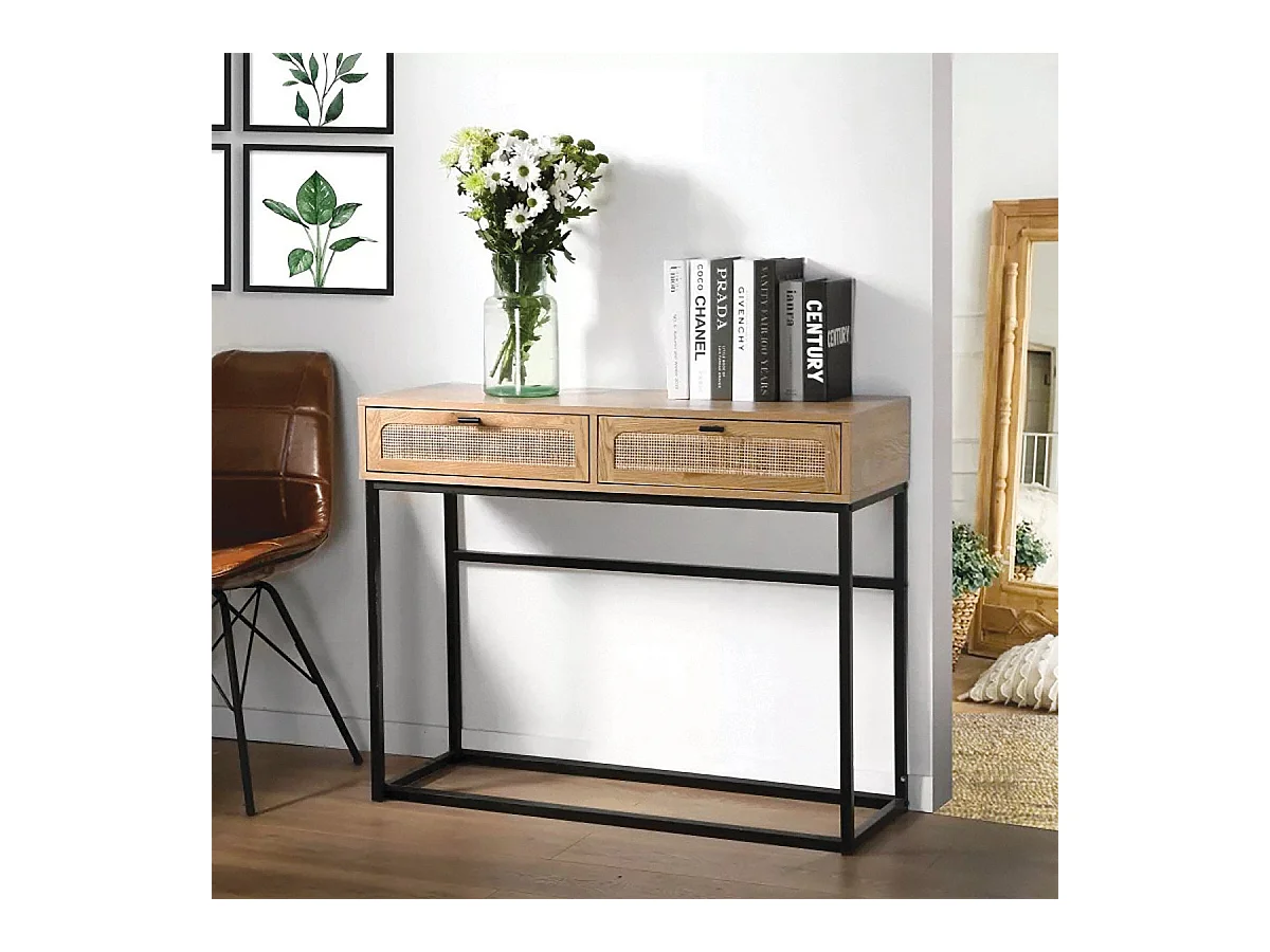 Consola 2 cajones con rejilla de ratán - L 100 cm