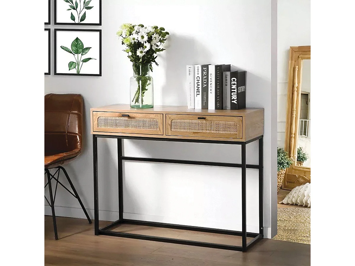 2 laden console met vlechtwerk - L100cm